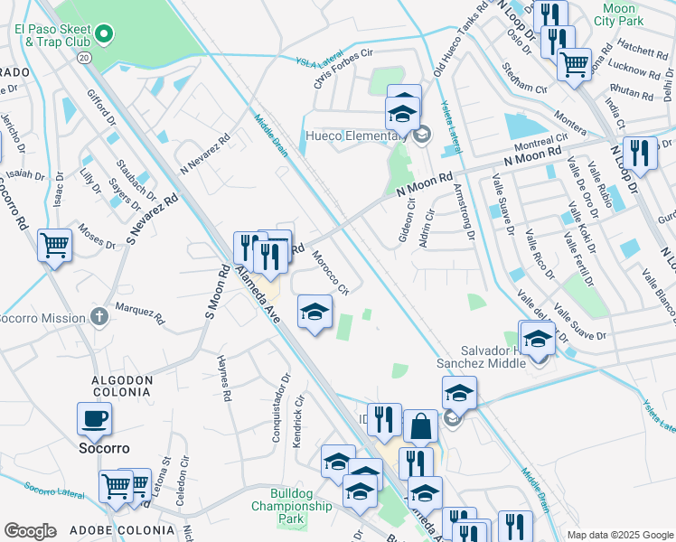 map of restaurants, bars, coffee shops, grocery stores, and more near 9985 Morocco Circle in Socorro