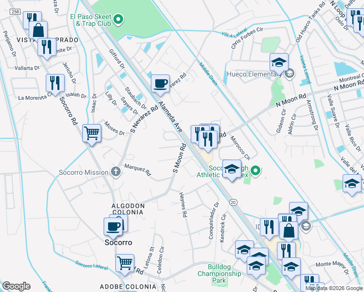 map of restaurants, bars, coffee shops, grocery stores, and more near 111 South Moon Road in Socorro