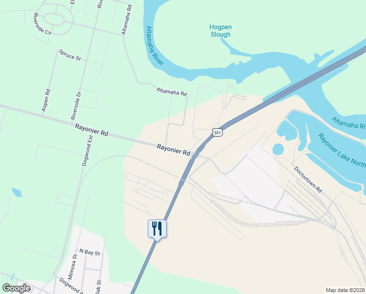 map of restaurants, bars, coffee shops, grocery stores, and more near 4101 Rayonier Road in Jesup