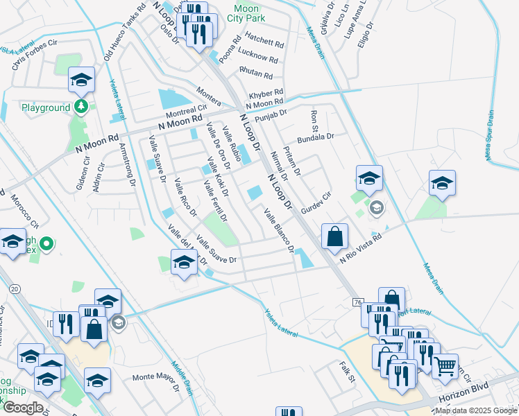 map of restaurants, bars, coffee shops, grocery stores, and more near 10400 Valle Blanco Drive in Socorro