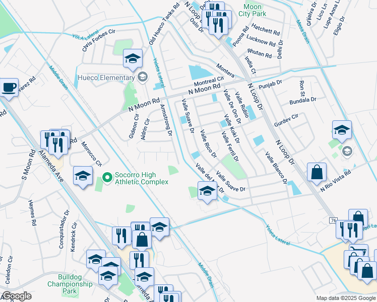 map of restaurants, bars, coffee shops, grocery stores, and more near 10325 Valle Del Mar Drive in Socorro