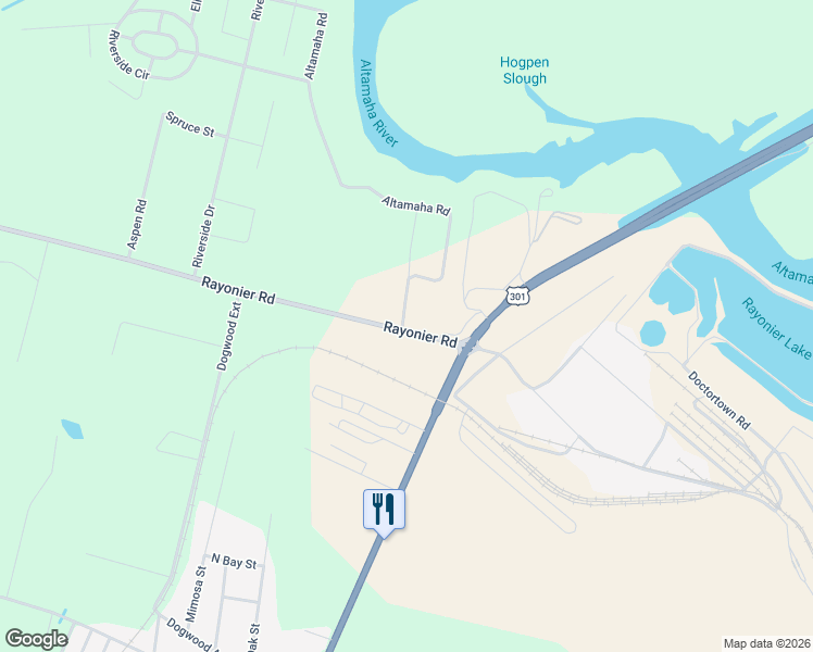 map of restaurants, bars, coffee shops, grocery stores, and more near 4101-4199 Rayonier Rd in Jesup