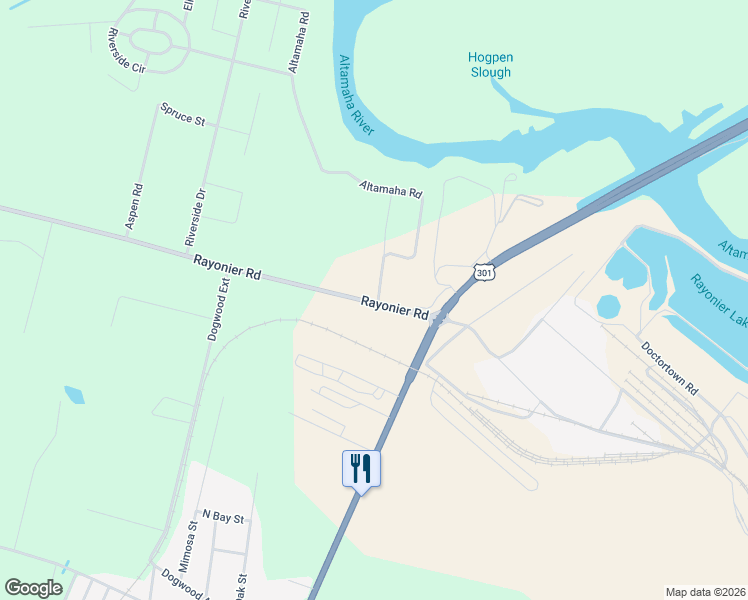 map of restaurants, bars, coffee shops, grocery stores, and more near 4101-4199 Rayonier Rd in Jesup