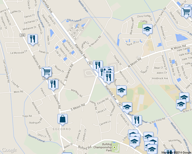 map of restaurants, bars, coffee shops, grocery stores, and more near 111 S Moon Rd in Socorro