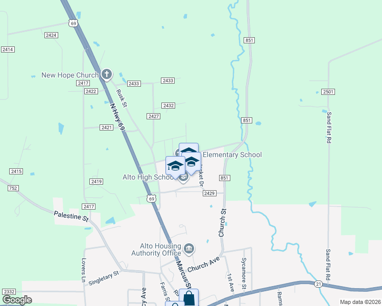 map of restaurants, bars, coffee shops, grocery stores, and more near 321 County Road 2429 in Alto