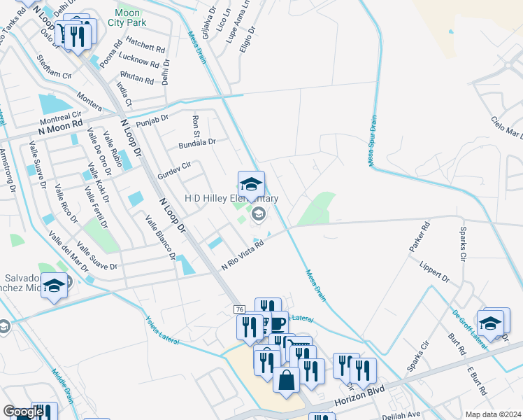 map of restaurants, bars, coffee shops, grocery stores, and more near 693 North Rio Vista Road in El Paso