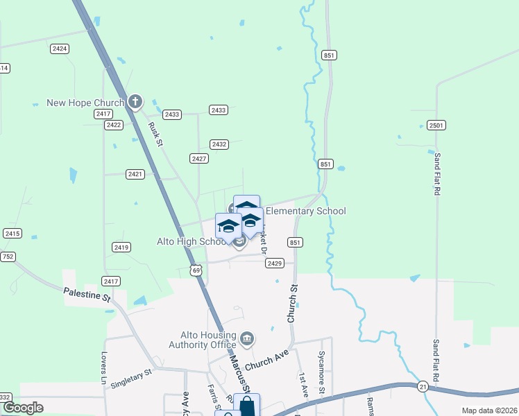 map of restaurants, bars, coffee shops, grocery stores, and more near 321 County Road 2429 in Alto