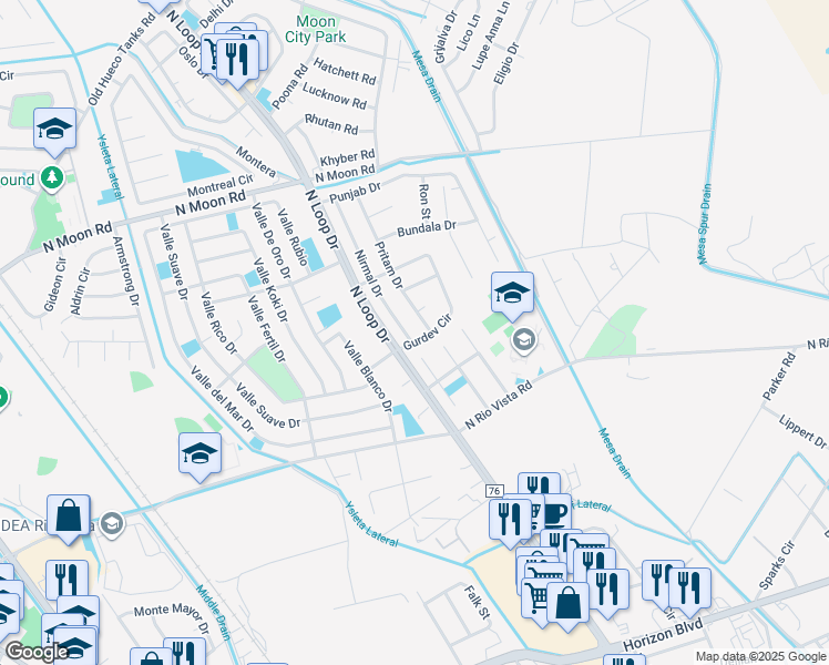 map of restaurants, bars, coffee shops, grocery stores, and more near 10391 Nirmal Drive in El Paso