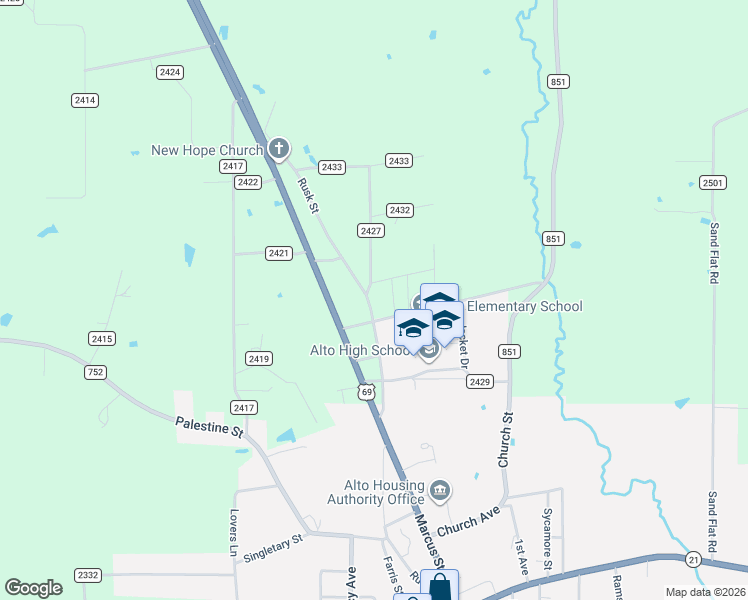 map of restaurants, bars, coffee shops, grocery stores, and more near 431 County Road 2426 in Alto
