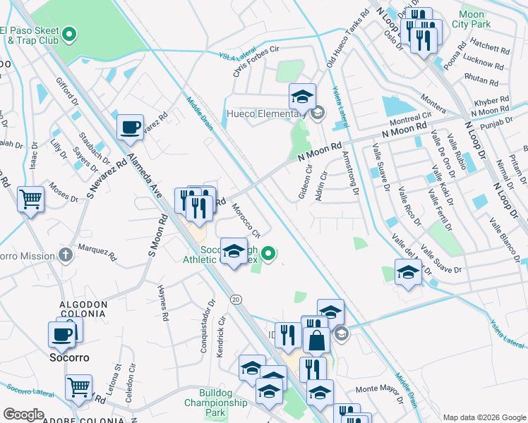 map of restaurants, bars, coffee shops, grocery stores, and more near 9985 Morocco Circle in Socorro