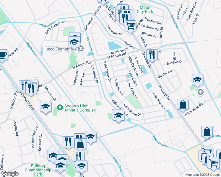 map of restaurants, bars, coffee shops, grocery stores, and more near 10325 Valle del Mar Drive in Socorro