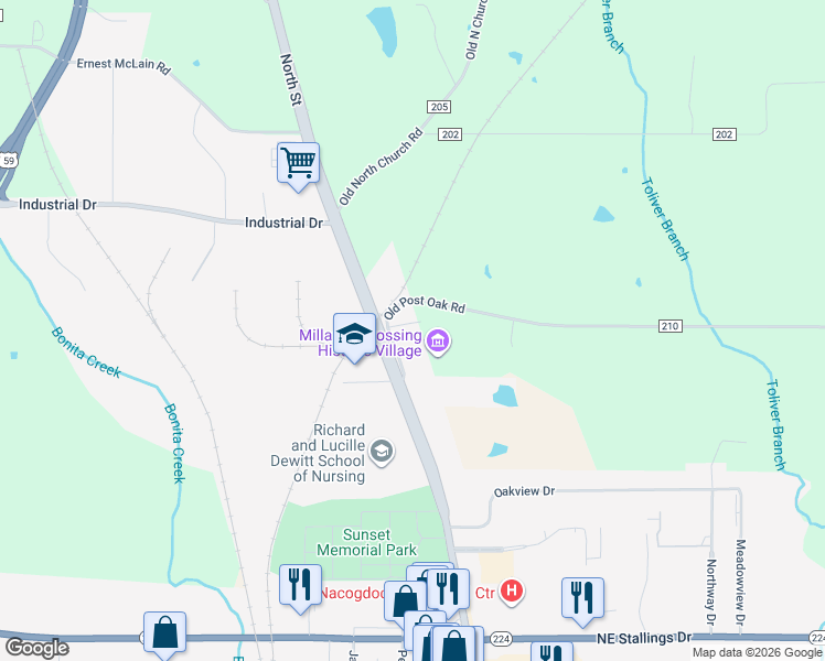 map of restaurants, bars, coffee shops, grocery stores, and more near 1917 Douglass Road in Nacogdoches