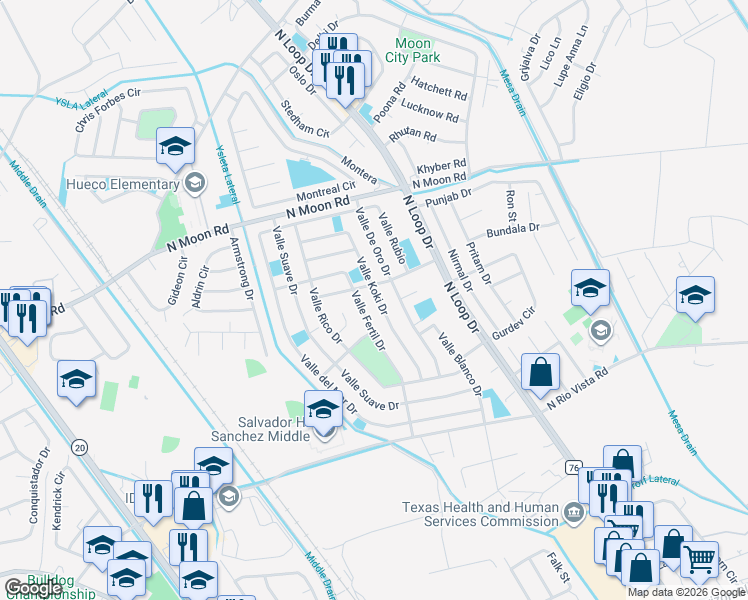 map of restaurants, bars, coffee shops, grocery stores, and more near 10340 Valle Koki Drive in Socorro