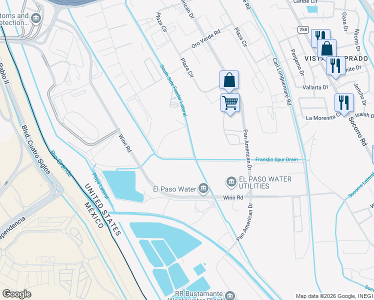 map of restaurants, bars, coffee shops, grocery stores, and more near 1201 Southside Road in El Paso