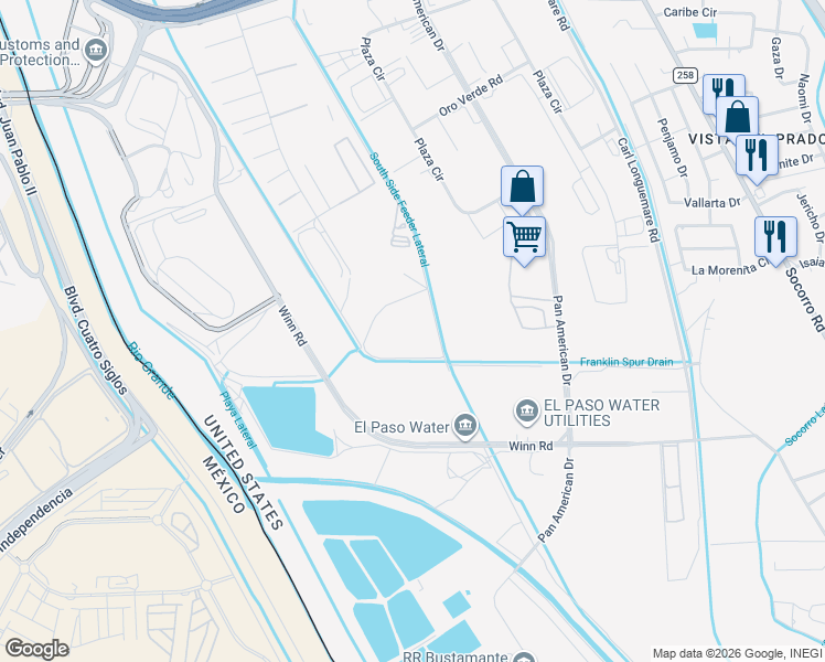 map of restaurants, bars, coffee shops, grocery stores, and more near 1201 Southside Road in El Paso