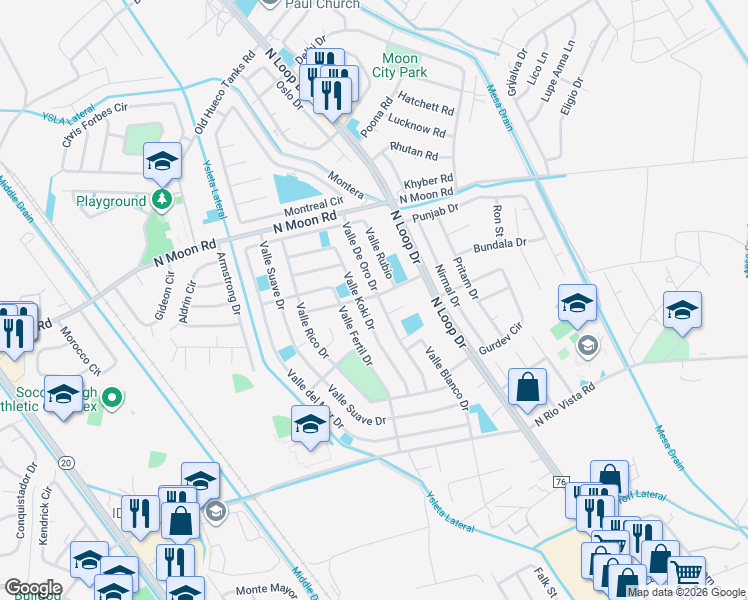 map of restaurants, bars, coffee shops, grocery stores, and more near 500 Valle Negro Drive in Socorro