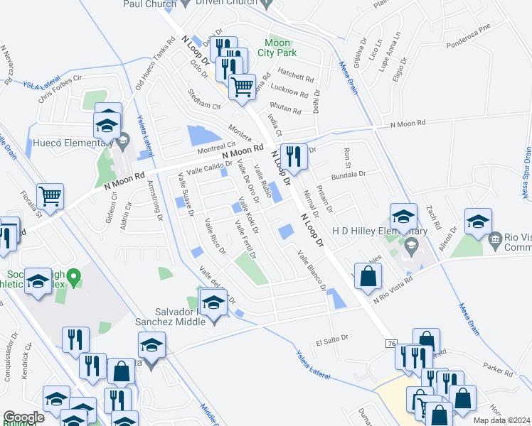 map of restaurants, bars, coffee shops, grocery stores, and more near 500 Valle Negro Drive in Socorro