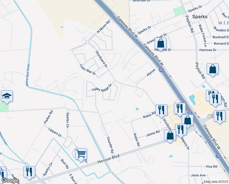 map of restaurants, bars, coffee shops, grocery stores, and more near 10762 Spring Valley Circle in Socorro