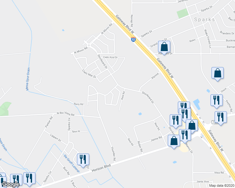 map of restaurants, bars, coffee shops, grocery stores, and more near 10754 Spring Valley Circle in Socorro