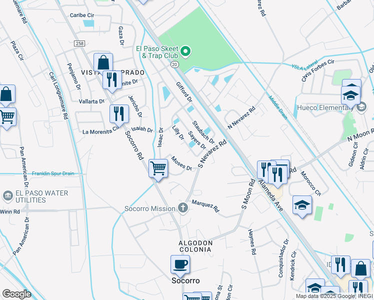 map of restaurants, bars, coffee shops, grocery stores, and more near 9868 Lilly Drive in El Paso