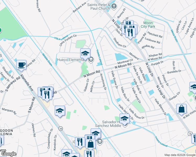 map of restaurants, bars, coffee shops, grocery stores, and more near 10112 Aldrin Circle in Socorro