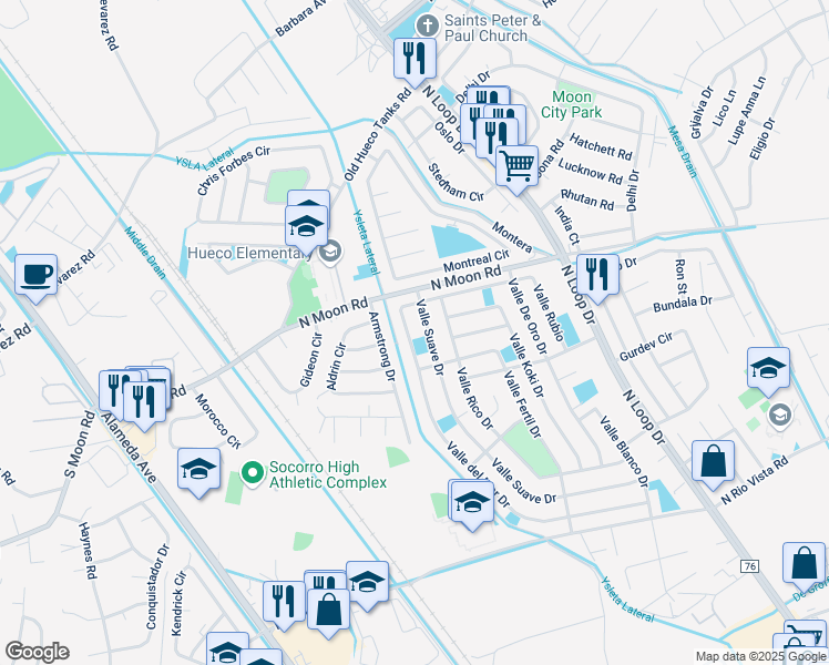 map of restaurants, bars, coffee shops, grocery stores, and more near 10220 Valle del Mar Drive in Socorro