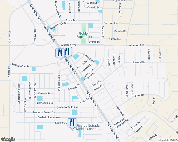 map of restaurants, bars, coffee shops, grocery stores, and more near 14549 Achim Drive in El Paso