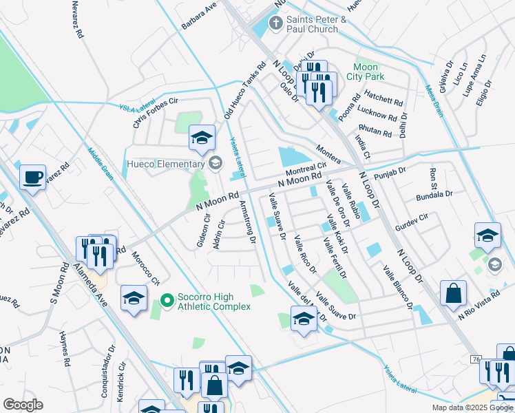 map of restaurants, bars, coffee shops, grocery stores, and more near 10220 Valle Del Mar Drive in Socorro