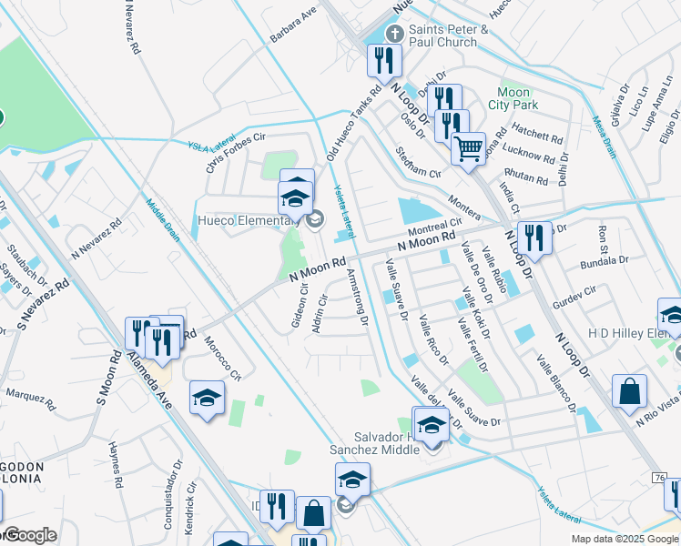 map of restaurants, bars, coffee shops, grocery stores, and more near 10112 Aldrin Circle in Socorro