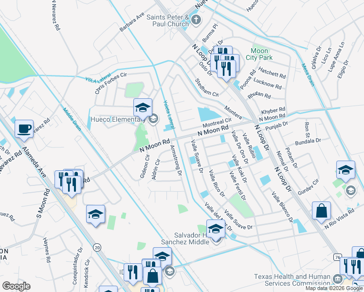 map of restaurants, bars, coffee shops, grocery stores, and more near 10220 Valle del Mar Drive in Socorro