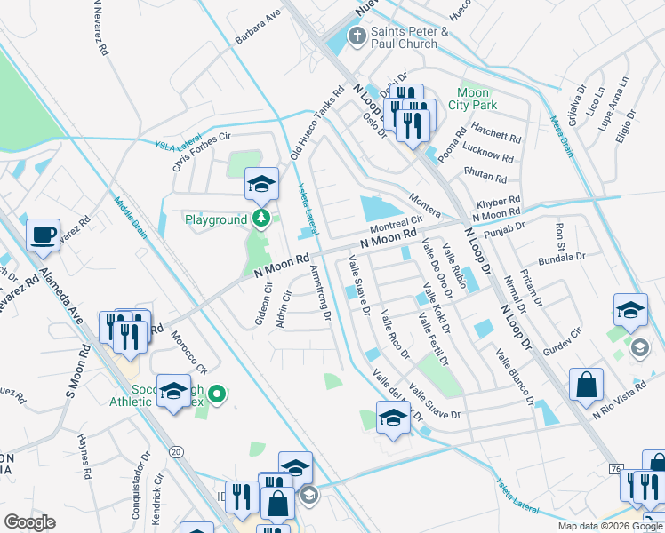 map of restaurants, bars, coffee shops, grocery stores, and more near 10212 Valle del Mar Drive in Socorro