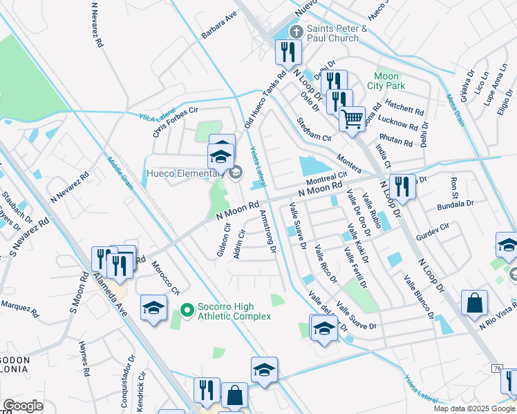 map of restaurants, bars, coffee shops, grocery stores, and more near 10112 Aldrin Circle in Socorro