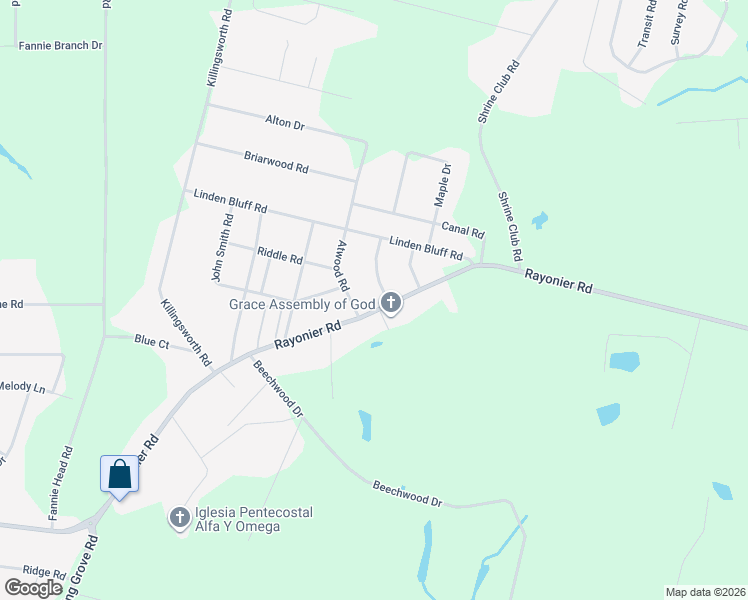 map of restaurants, bars, coffee shops, grocery stores, and more near 2301 Rayonier Road in Jesup