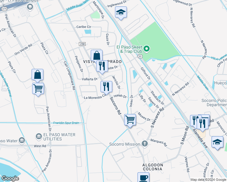 map of restaurants, bars, coffee shops, grocery stores, and more near 9819 Socorro Road in El Paso