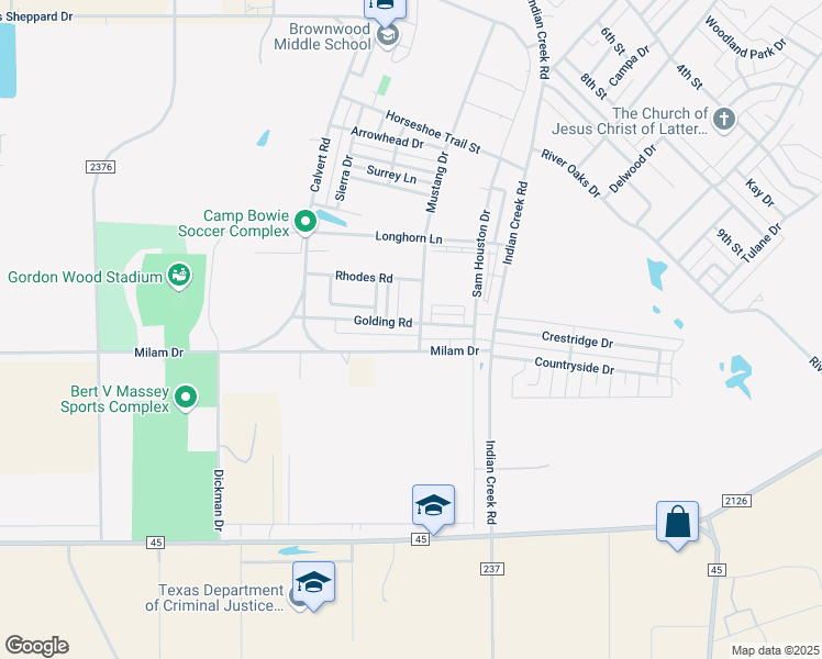 map of restaurants, bars, coffee shops, grocery stores, and more near 3619 Golding Road in Brownwood