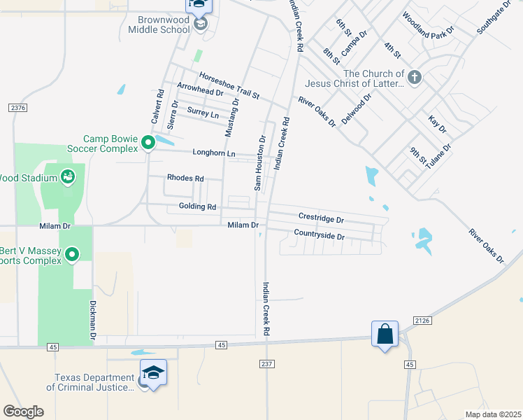 map of restaurants, bars, coffee shops, grocery stores, and more near 2131 Indian Creek Road in Brownwood
