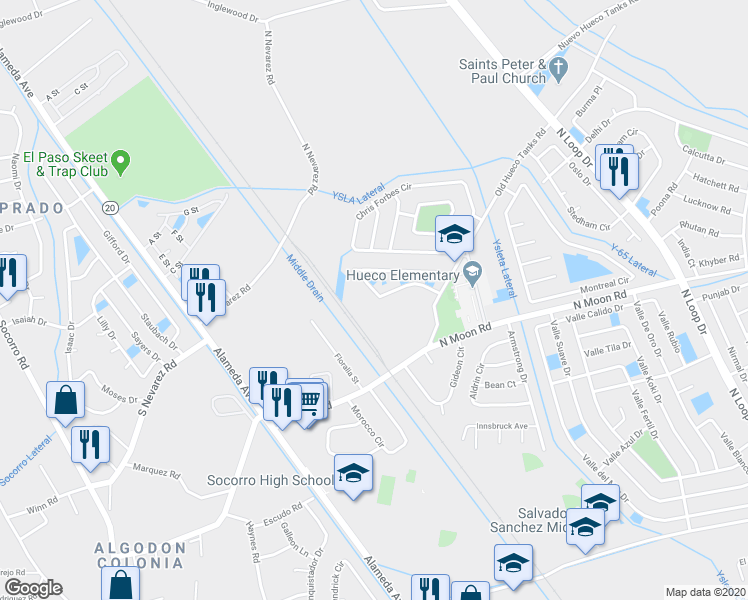 map of restaurants, bars, coffee shops, grocery stores, and more near 9962 Laurie Jo Lane in Socorro