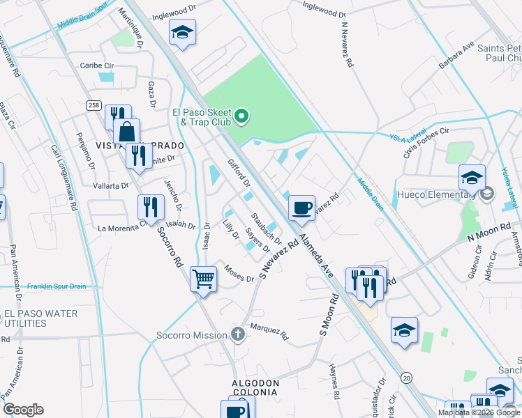 map of restaurants, bars, coffee shops, grocery stores, and more near 9872 Gifford Drive in El Paso