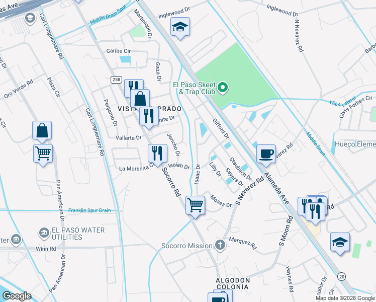 map of restaurants, bars, coffee shops, grocery stores, and more near 201 Saul Court in El Paso