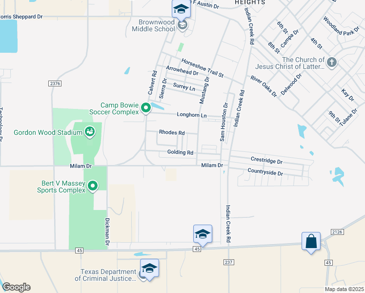 map of restaurants, bars, coffee shops, grocery stores, and more near 3619 Golding Road in Brownwood