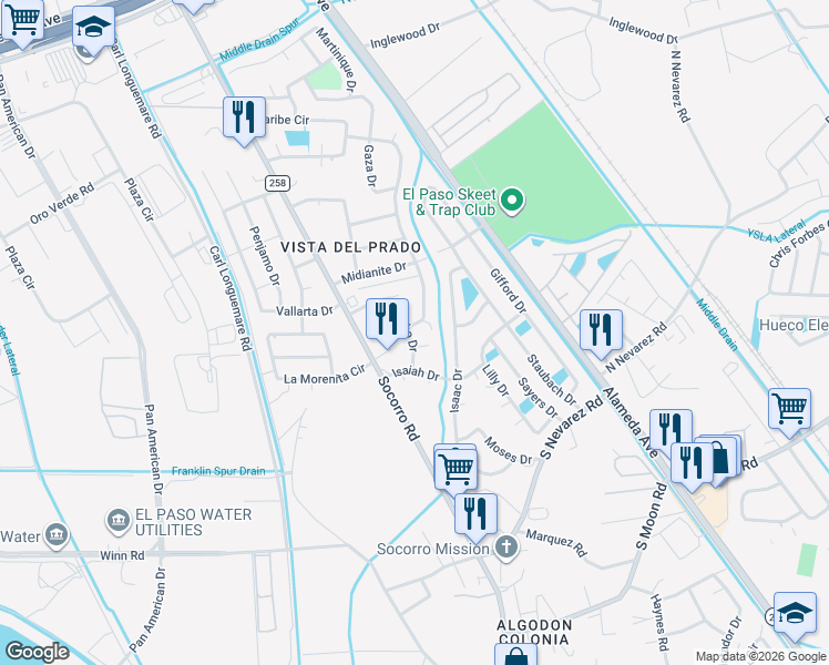 map of restaurants, bars, coffee shops, grocery stores, and more near 201 Saul Court in El Paso