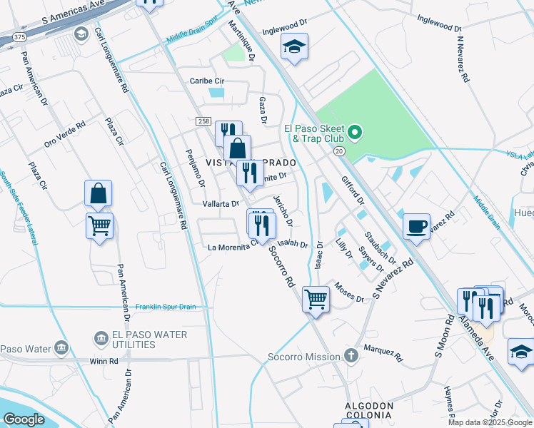 map of restaurants, bars, coffee shops, grocery stores, and more near 9819 Socorro Road in El Paso