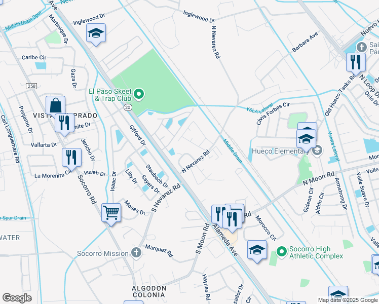 map of restaurants, bars, coffee shops, grocery stores, and more near 127 Skylight Circle in Socorro