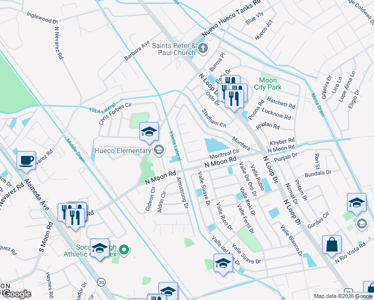 map of restaurants, bars, coffee shops, grocery stores, and more near 401 Montreal Circle in Socorro