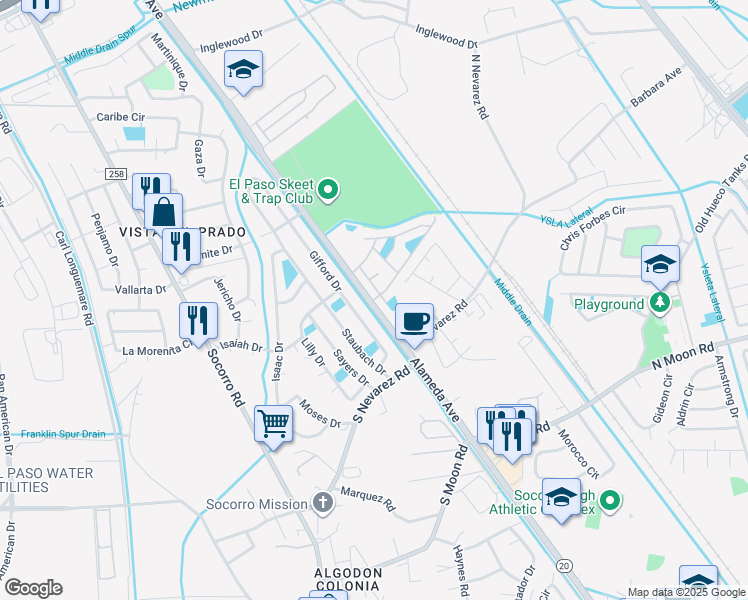 map of restaurants, bars, coffee shops, grocery stores, and more near Alameda Avenue in El Paso