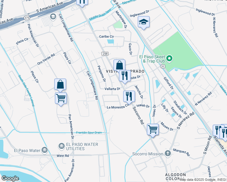 map of restaurants, bars, coffee shops, grocery stores, and more near 312 Silao Court in El Paso