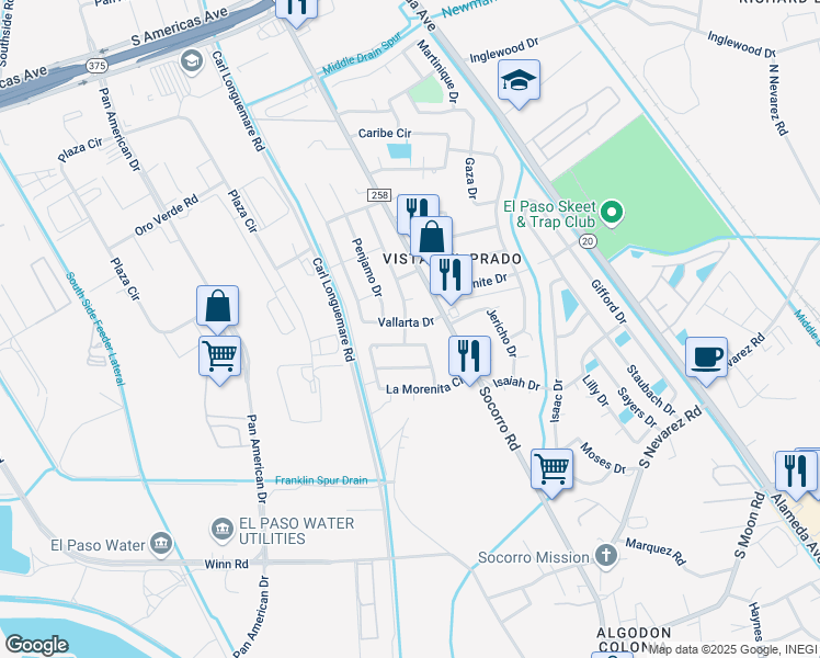 map of restaurants, bars, coffee shops, grocery stores, and more near 312 Silao Court in El Paso