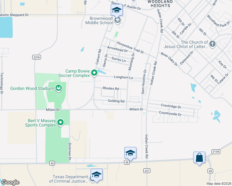 map of restaurants, bars, coffee shops, grocery stores, and more near 3501 Rhodes Road in Brownwood