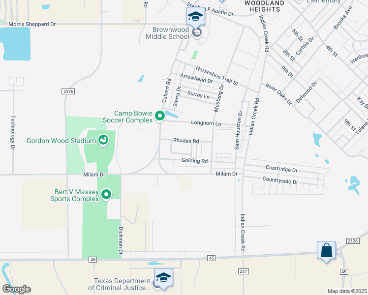 map of restaurants, bars, coffee shops, grocery stores, and more near 3501 Rhodes Road in Brownwood