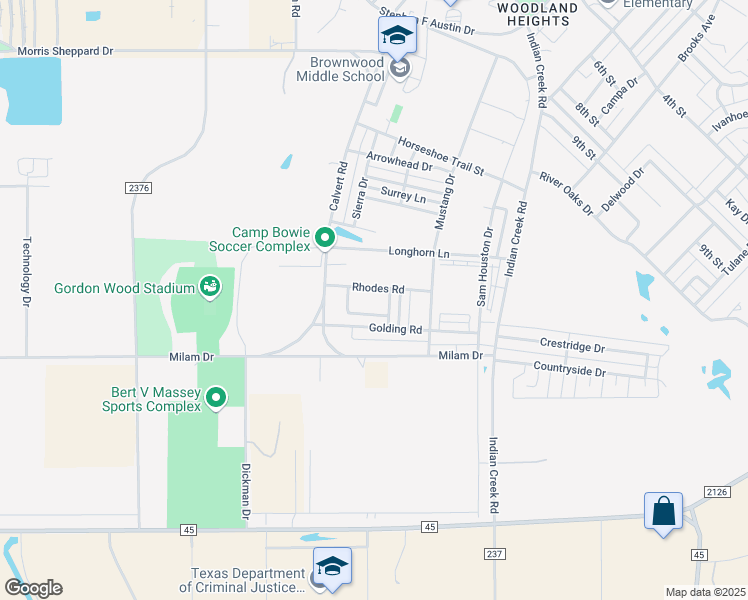map of restaurants, bars, coffee shops, grocery stores, and more near 3501 Rhodes Road in Brownwood